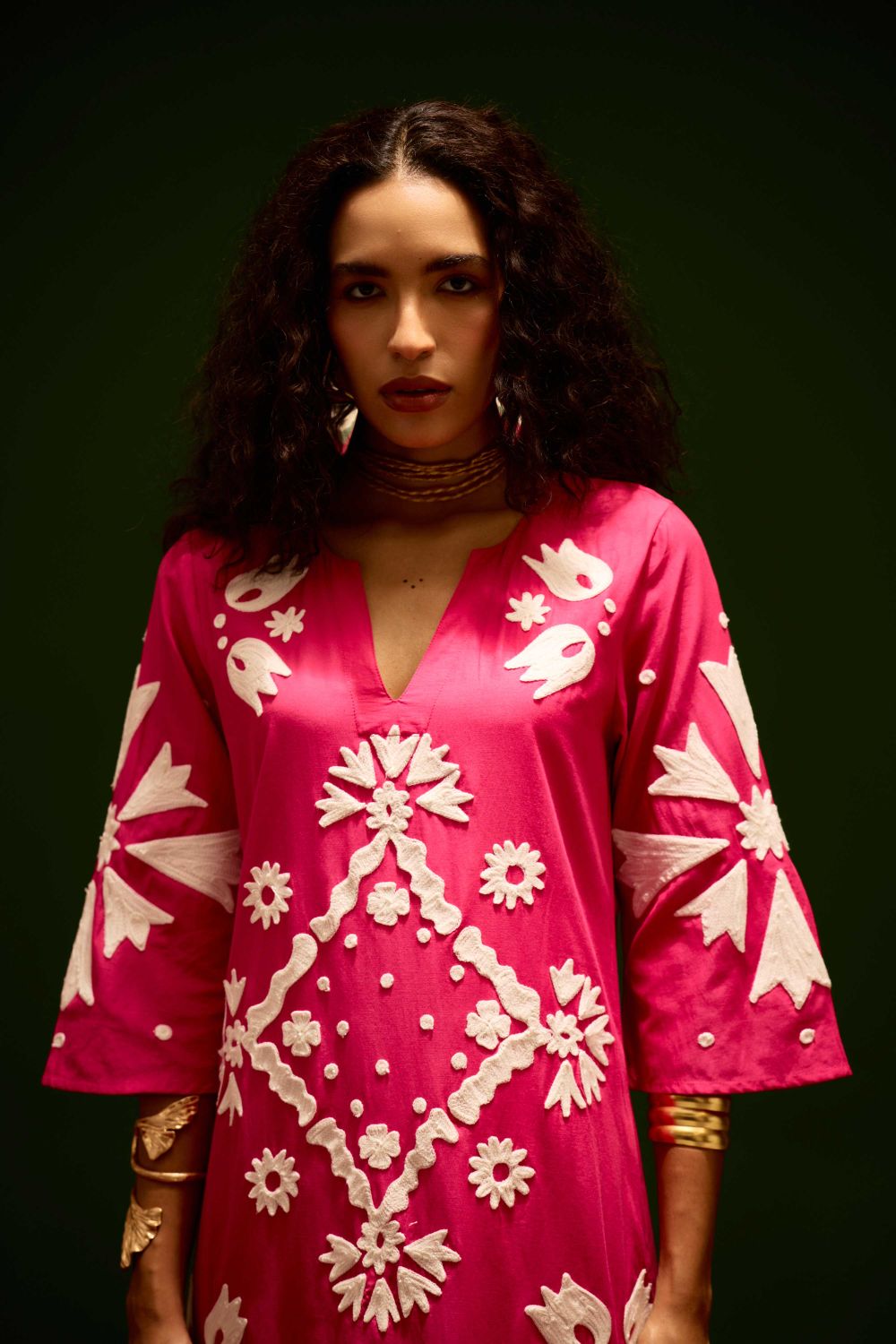 Fuchsia With Ivory Sitara Thread Embroidery Cotton Maxi Dress