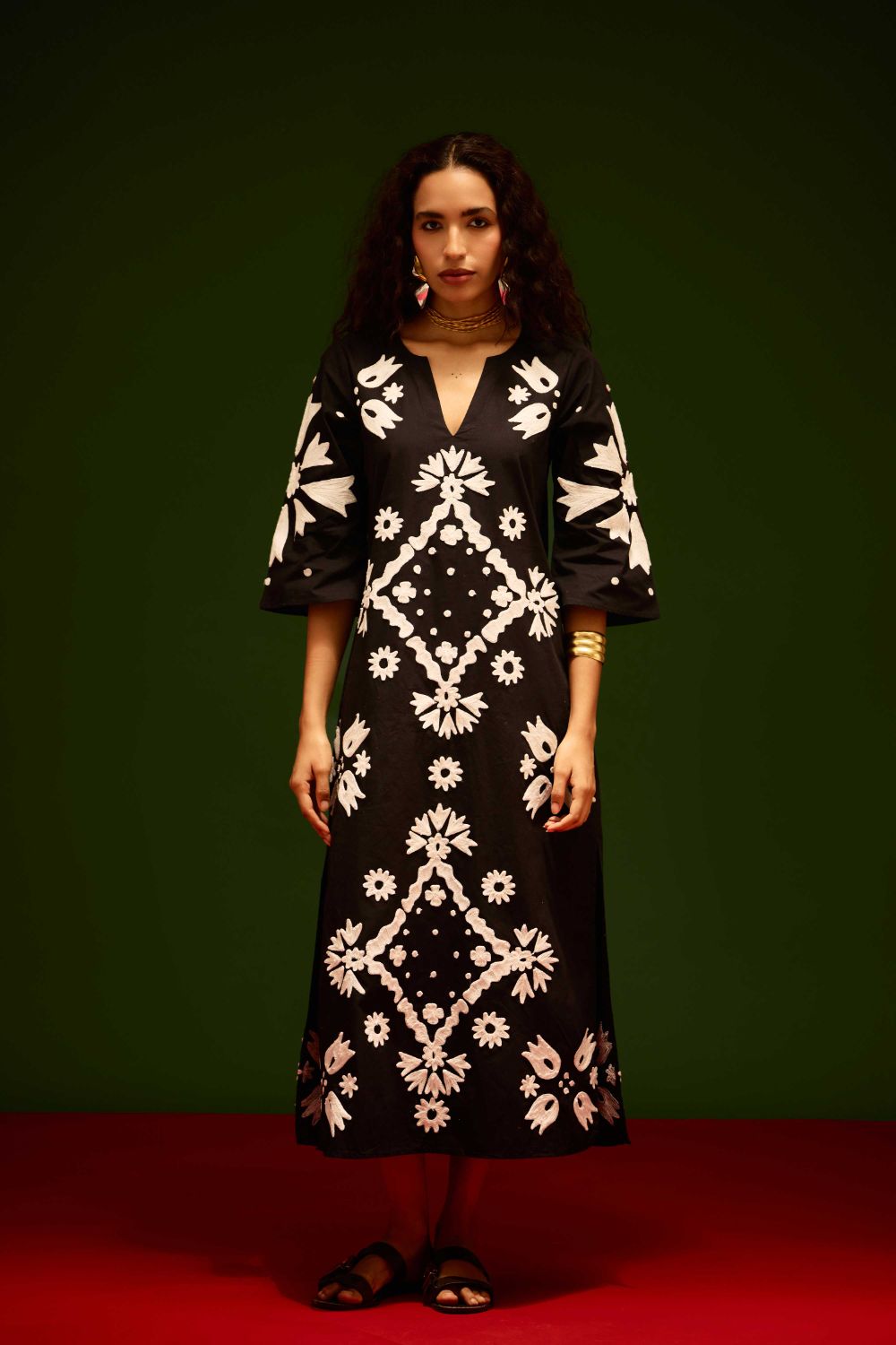 Black With Ivory Sitara Thread Embroidery Cotton Maxi Dress
