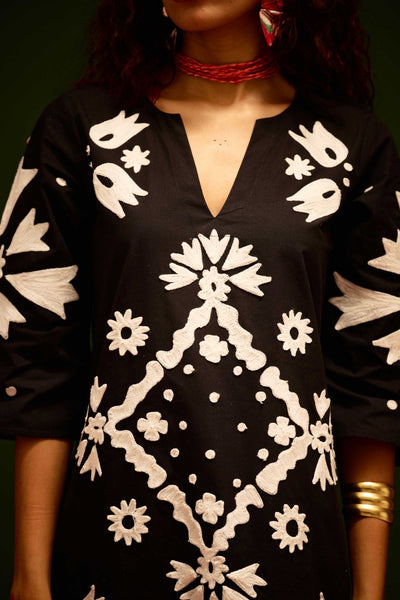 Black With Ivory Sitara Thread Embroidery Cotton Maxi Dress