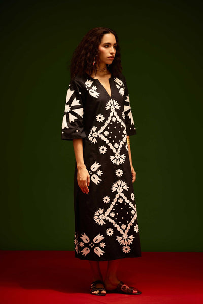Black With Ivory Sitara Thread Embroidery Cotton Maxi Dress
