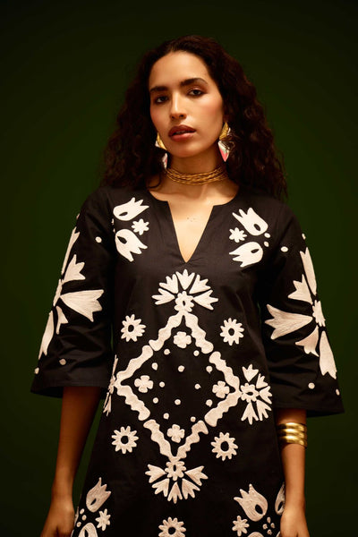 Black With Ivory Sitara Thread Embroidery Cotton Maxi Dress