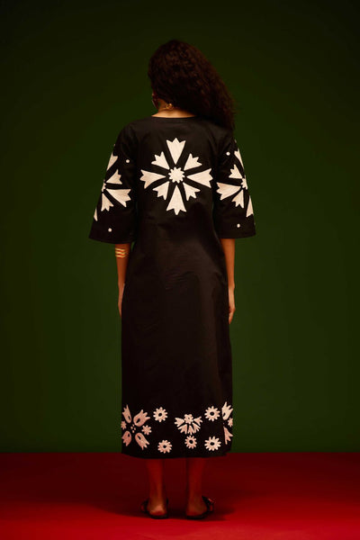 Black With Ivory Sitara Thread Embroidery Cotton Maxi Dress