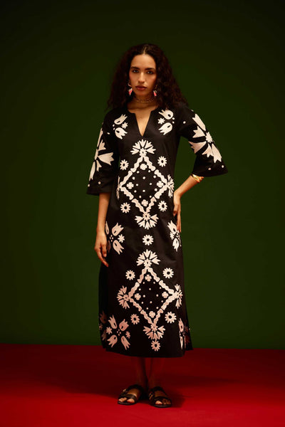 Black With Ivory Sitara Thread Embroidery Cotton Maxi Dress