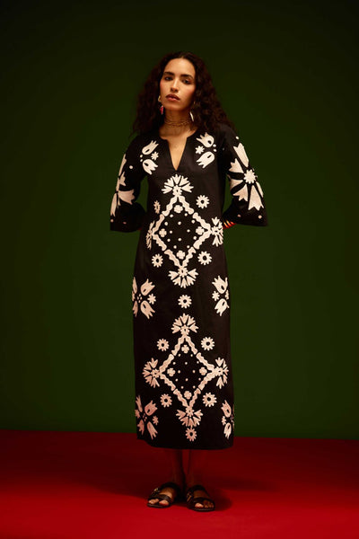 Black With Ivory Sitara Thread Embroidery Cotton Maxi Dress