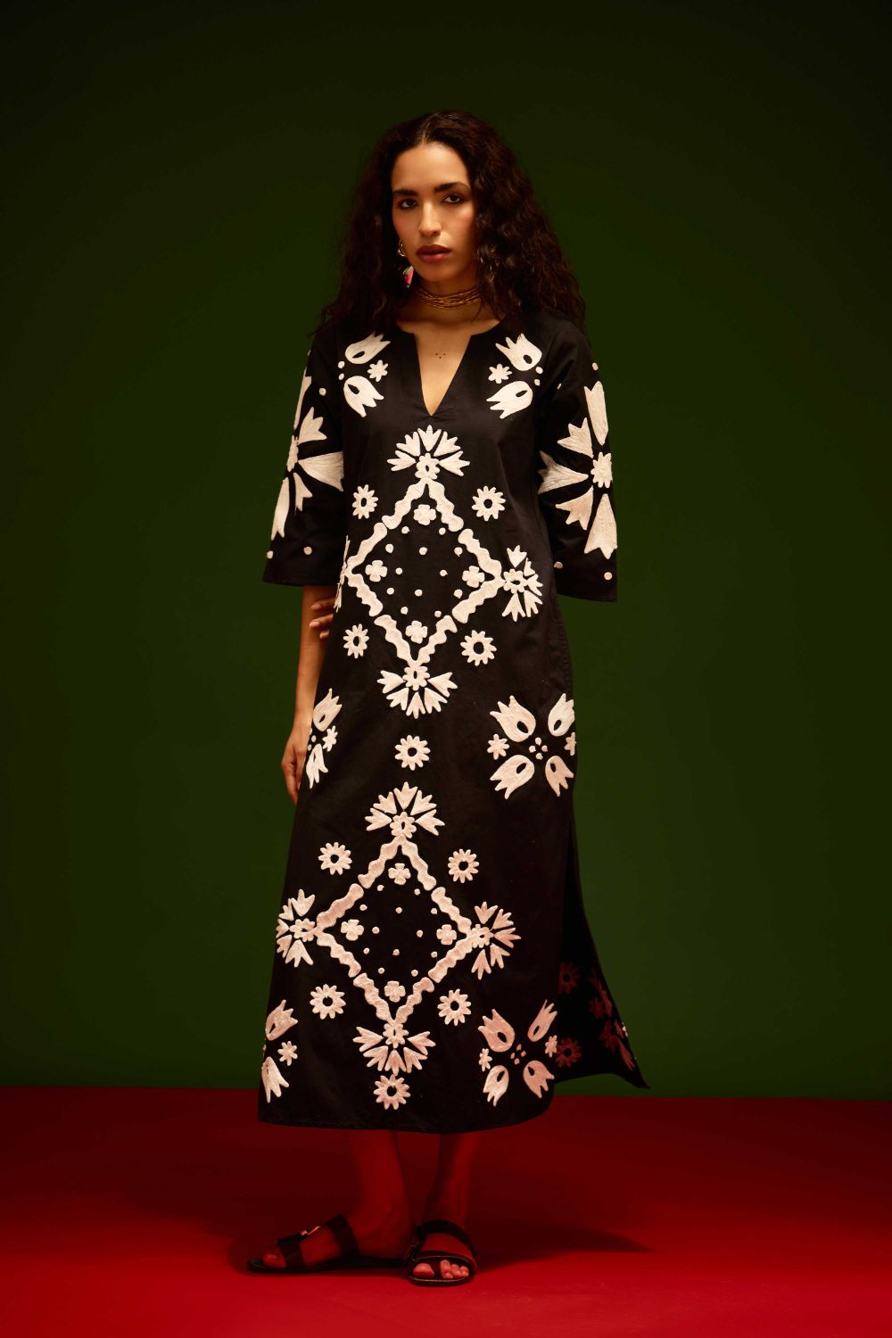 Black With Ivory Sitara Thread Embroidery Cotton Maxi Dress