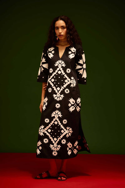 Black With Ivory Sitara Thread Embroidery Cotton Maxi Dress