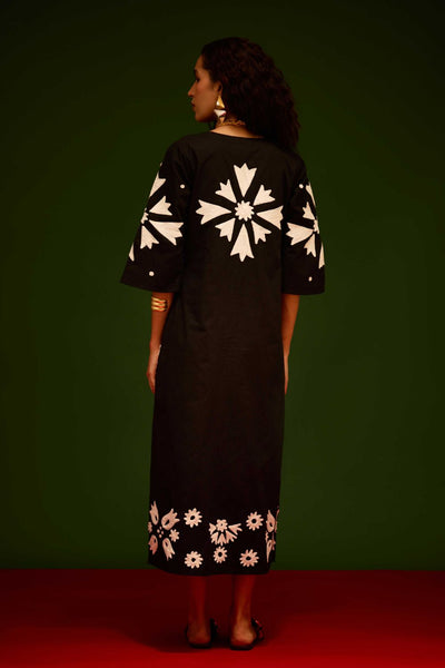 Black With Ivory Sitara Thread Embroidery Cotton Maxi Dress