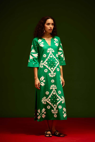 Avocado Green With Ivory Sitara Thread Embroidery Cotton Maxi Dress