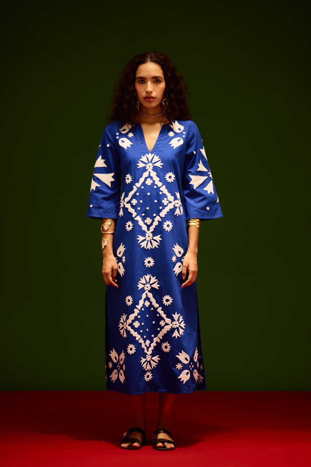 Blue With Ivory Sitara Thread Embroidery Cotton Maxi Dress