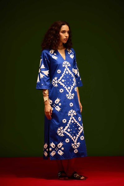 Blue With Ivory Sitara Thread Embroidery Cotton Maxi Dress