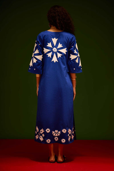 Blue With Ivory Sitara Thread Embroidery Cotton Maxi Dress