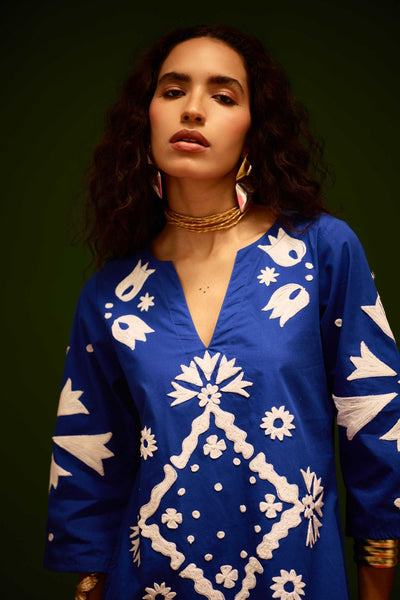 Blue With Ivory Sitara Thread Embroidery Cotton Maxi Dress