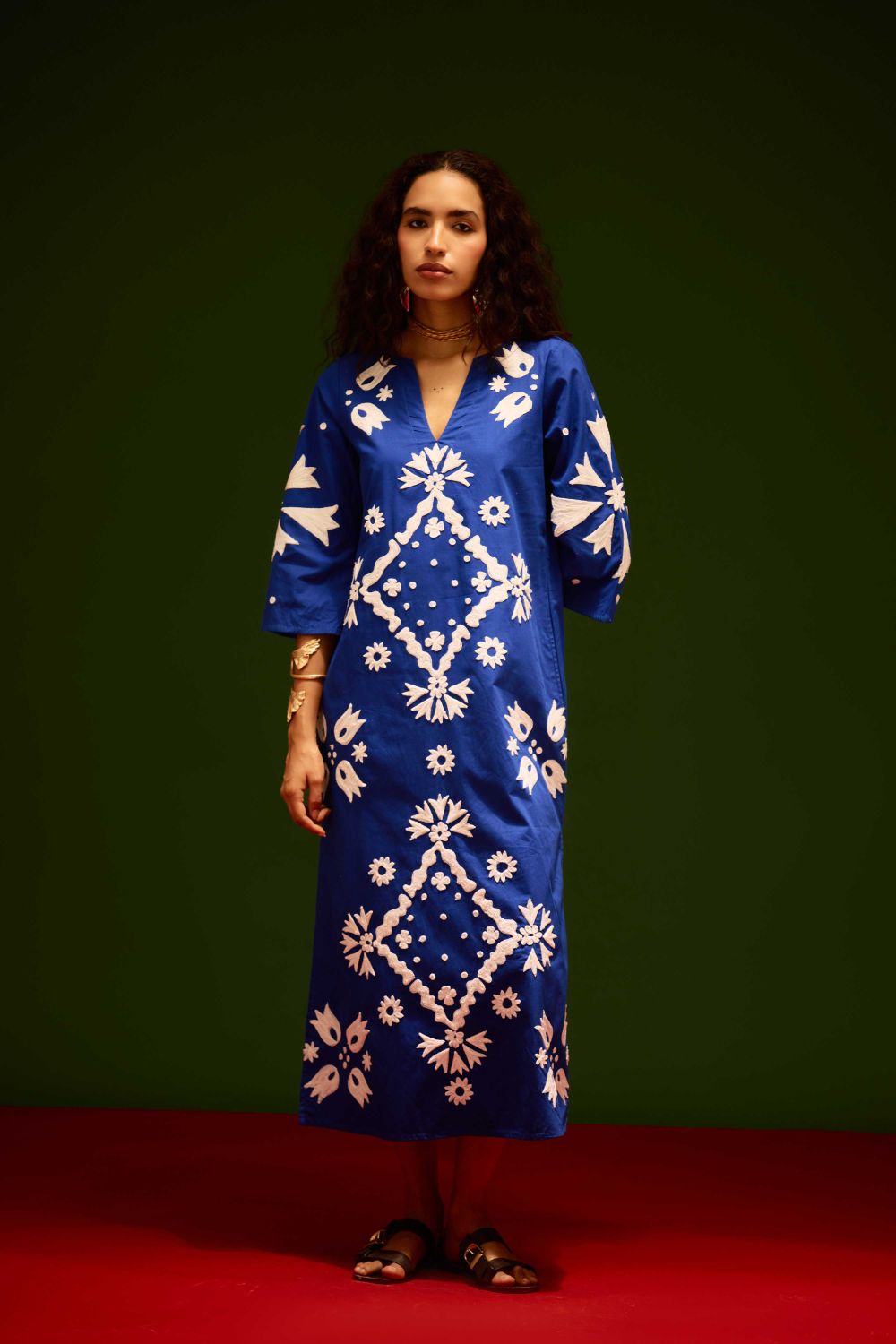 Blue With Ivory Sitara Thread Embroidery Cotton Maxi Dress