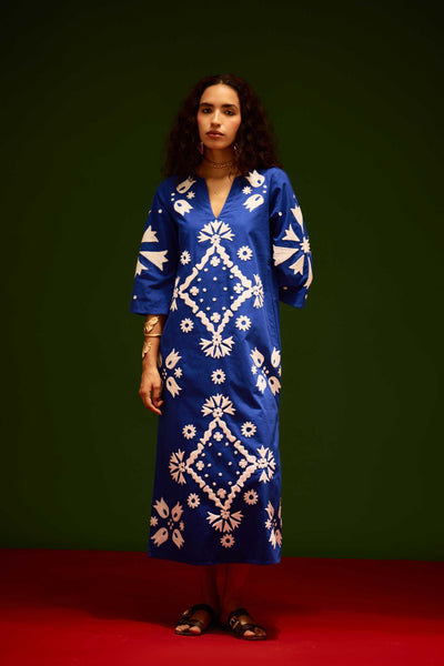 Blue With Ivory Sitara Thread Embroidery Cotton Maxi Dress