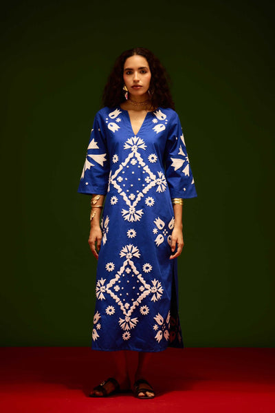 Blue With Ivory Sitara Thread Embroidery Cotton Maxi Dress