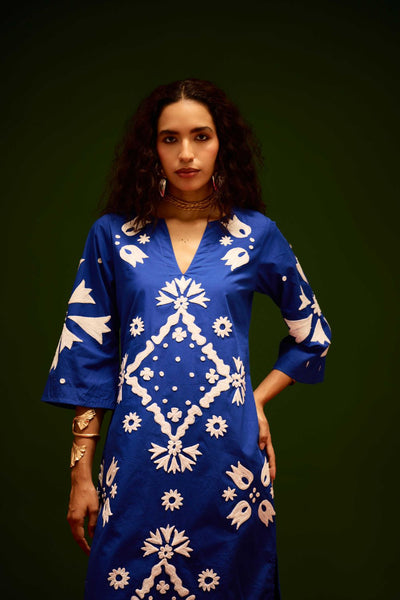 Blue With Ivory Sitara Thread Embroidery Cotton Maxi Dress