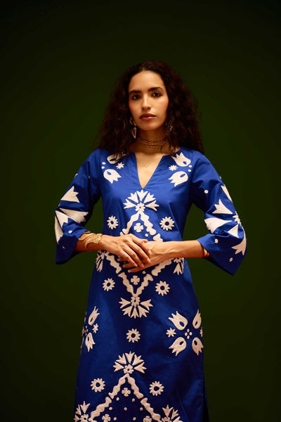 Blue With Ivory Sitara Thread Embroidery Cotton Maxi Dress