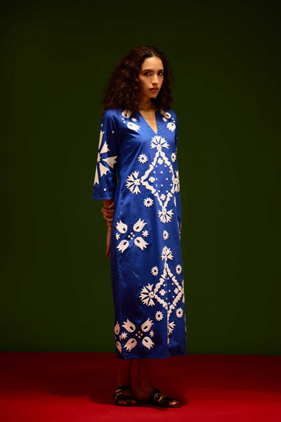 Blue With Ivory Sitara Thread Embroidery Cotton Maxi Dress