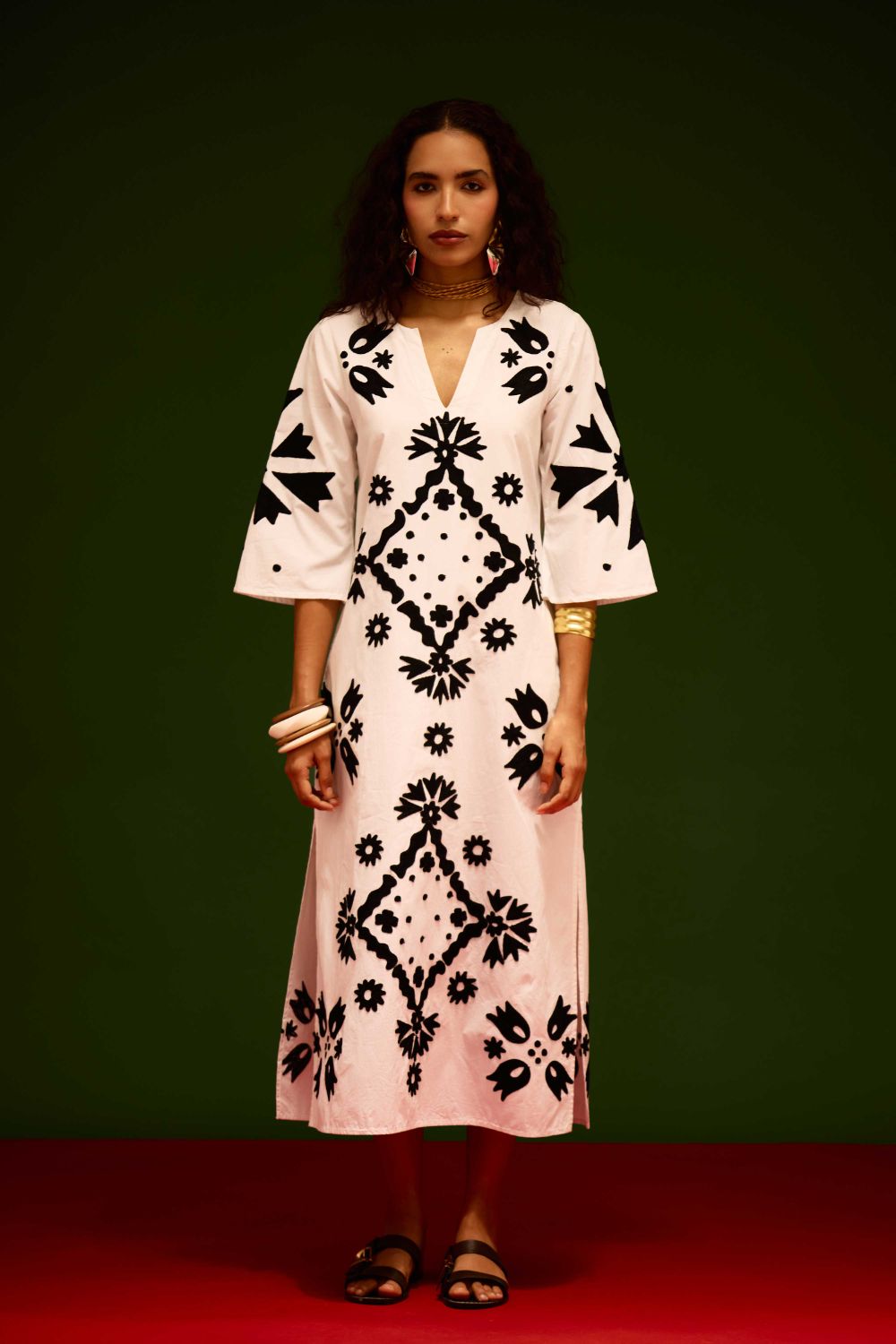 Ivory With Black Sitara Thread Embroidery Cotton Maxi Dress