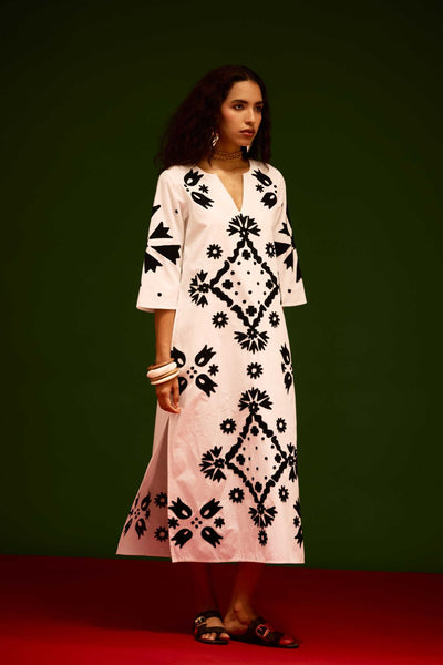 Ivory With Black Sitara Thread Embroidery Cotton Maxi Dress