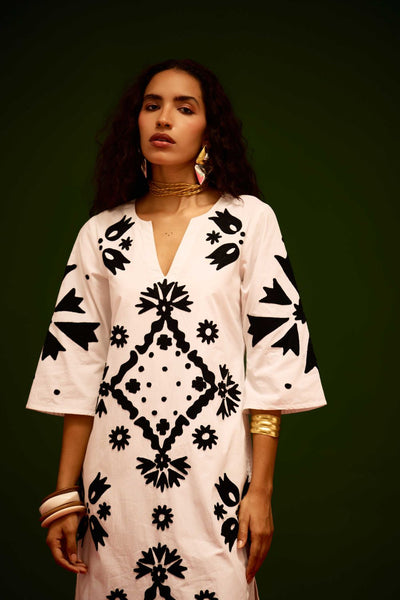 Ivory With Black Sitara Thread Embroidery Cotton Maxi Dress