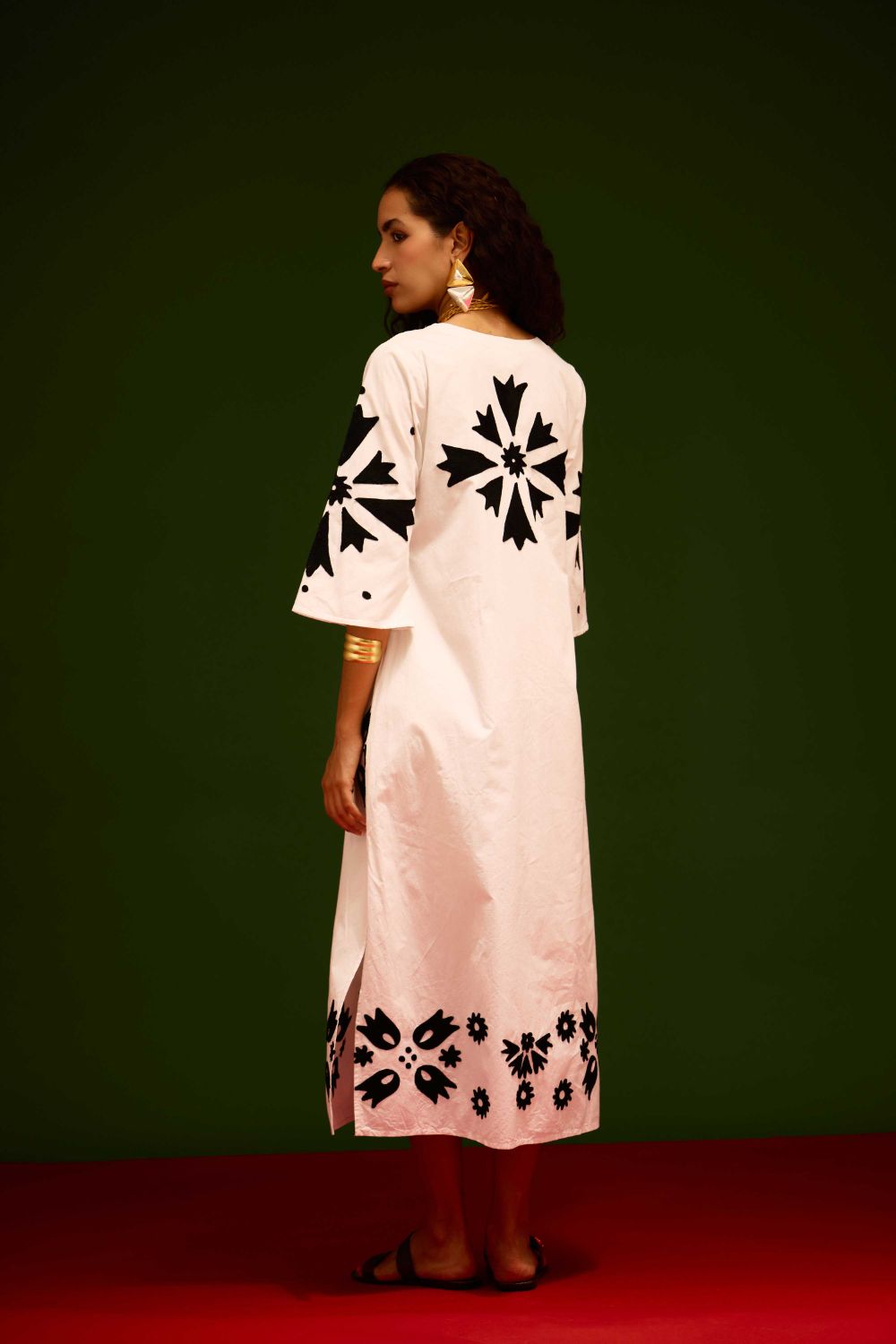 Ivory With Black Sitara Thread Embroidery Cotton Maxi Dress