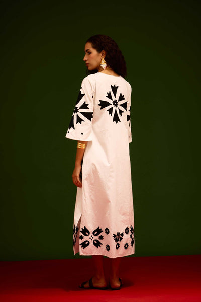 Ivory With Black Sitara Thread Embroidery Cotton Maxi Dress
