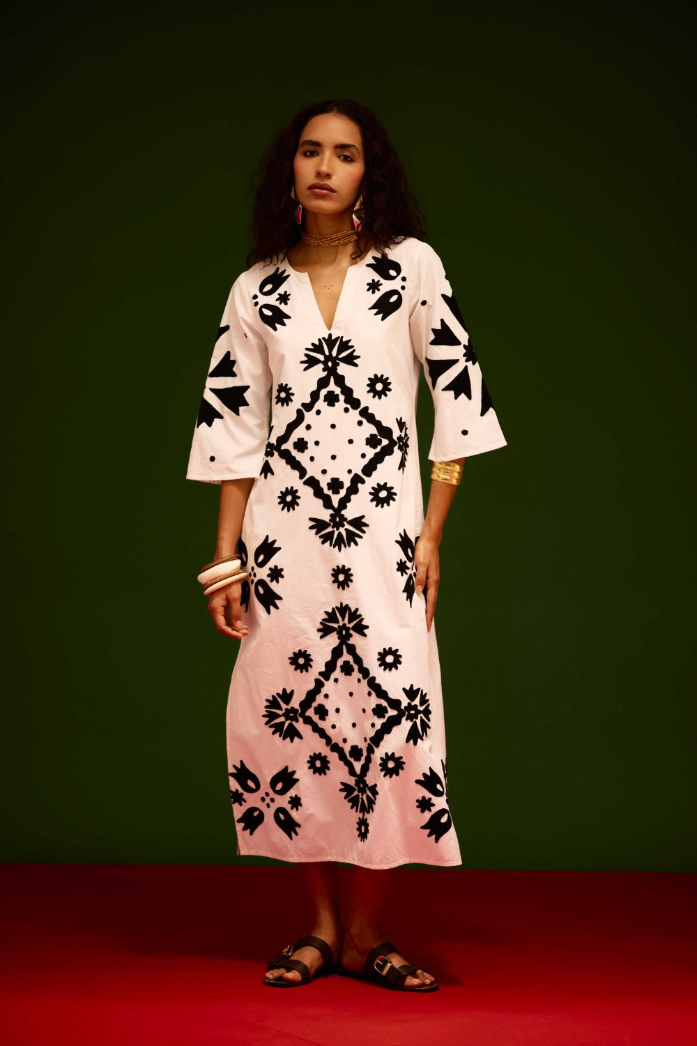 Ivory With Black Sitara Thread Embroidery Cotton Maxi Dress
