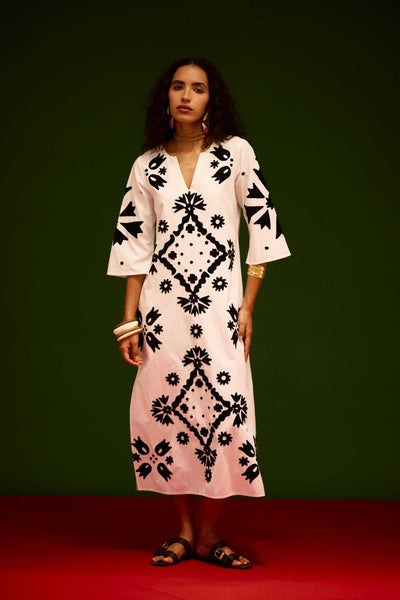 Ivory With Black Sitara Thread Embroidery Cotton Maxi Dress