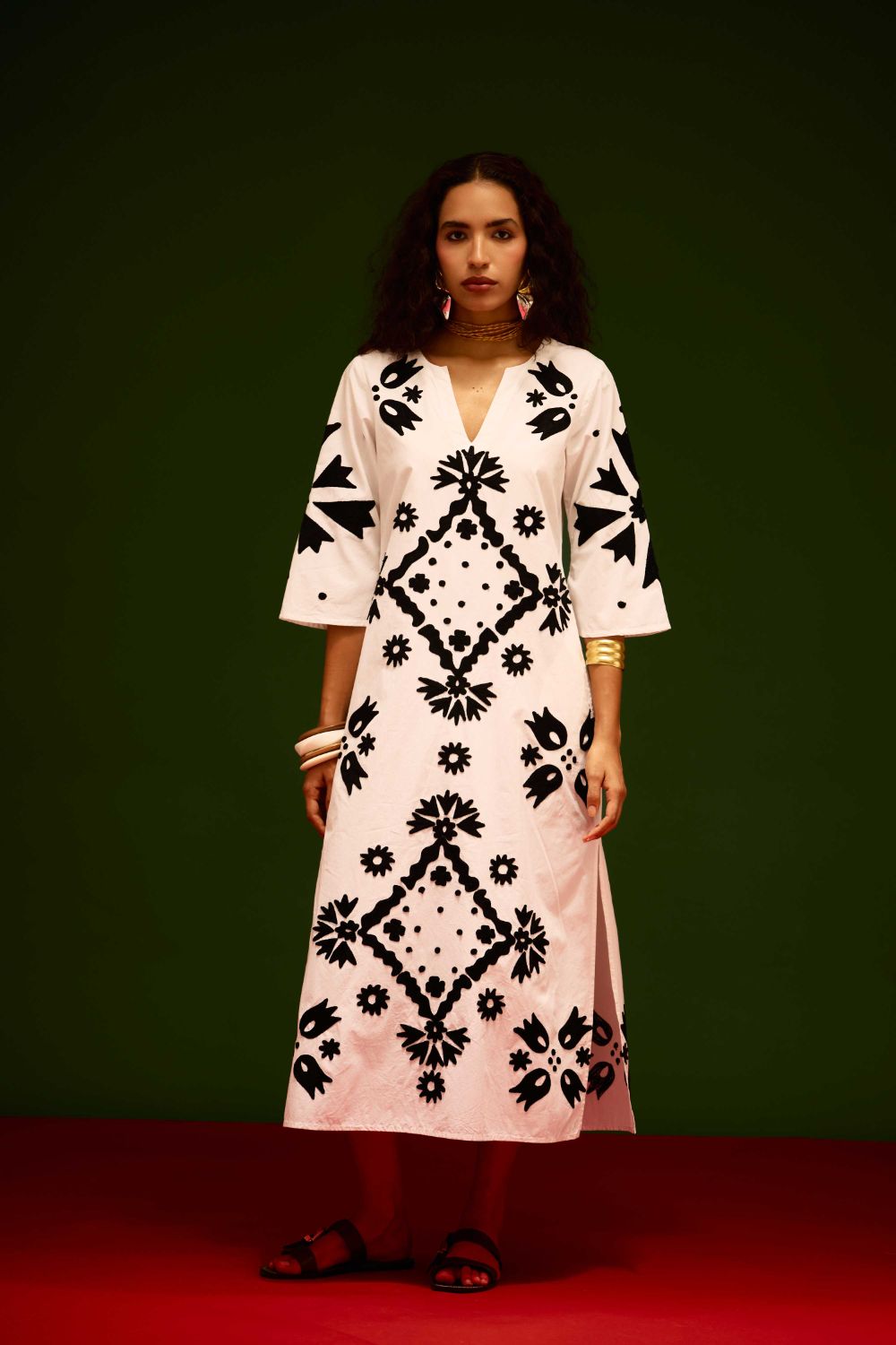 Ivory With Black Sitara Thread Embroidery Cotton Maxi Dress