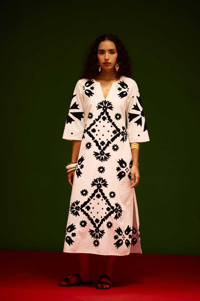 Ivory With Black Sitara Thread Embroidery Cotton Maxi Dress