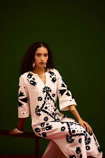 Ivory With Black Sitara Thread Embroidery Cotton Maxi Dress