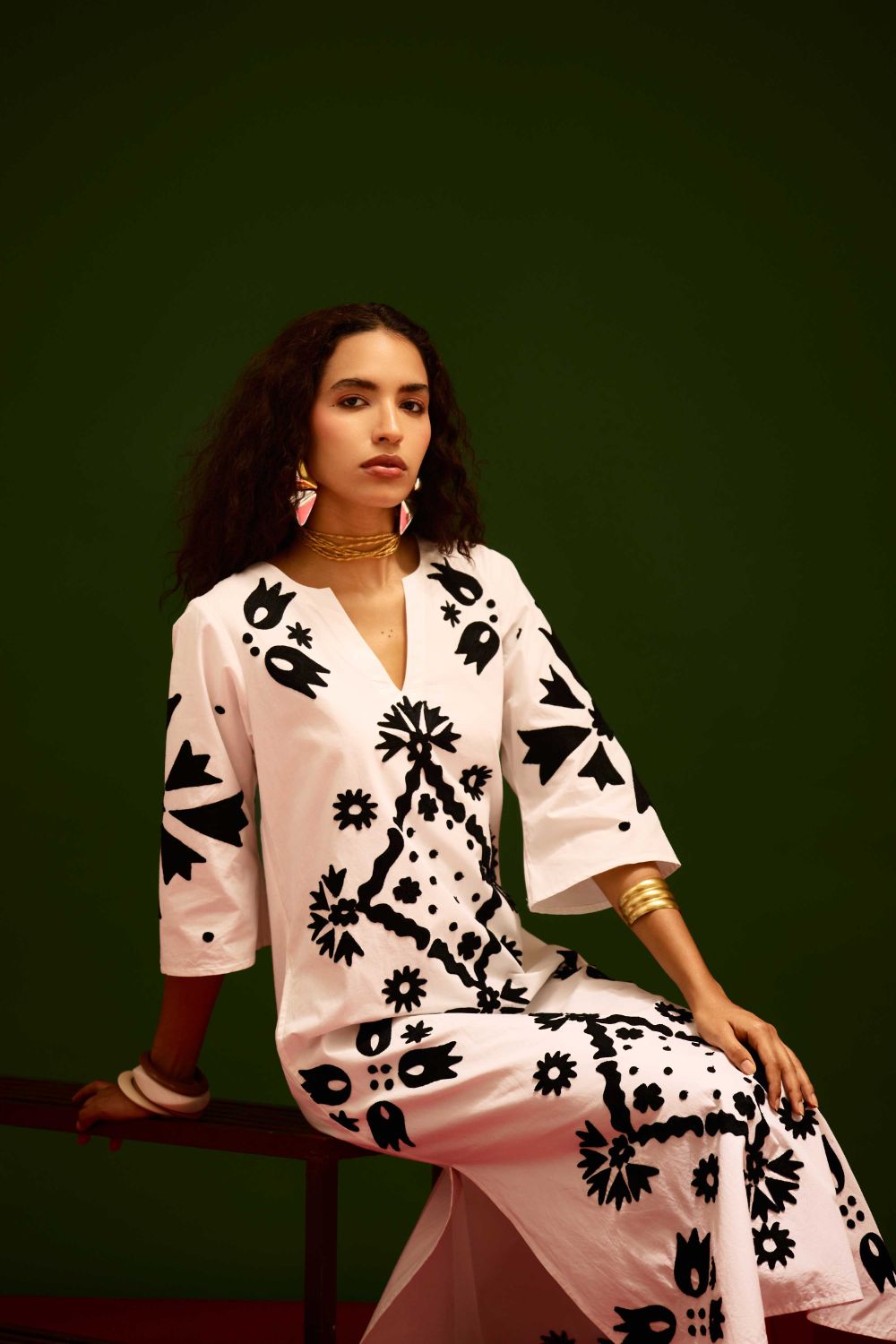 Ivory With Black Sitara Thread Embroidery Cotton Maxi Dress