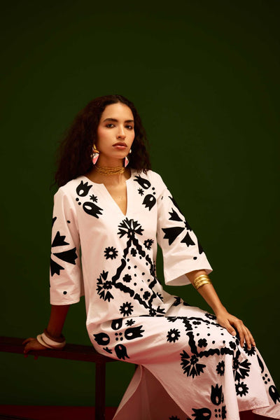 Ivory With Black Sitara Thread Embroidery Cotton Maxi Dress