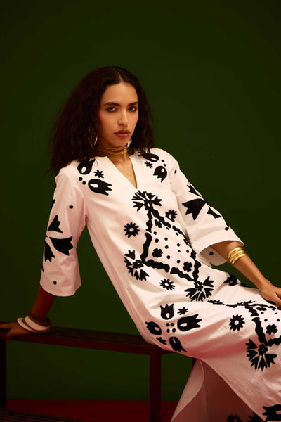 Ivory With Black Sitara Thread Embroidery Cotton Maxi Dress