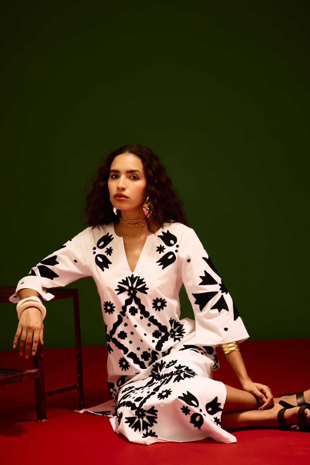 Ivory With Black Sitara Thread Embroidery Cotton Maxi Dress