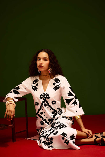 Ivory With Black Sitara Thread Embroidery Cotton Maxi Dress