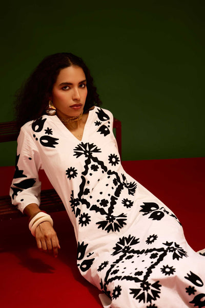 Ivory With Black Sitara Thread Embroidery Cotton Maxi Dress