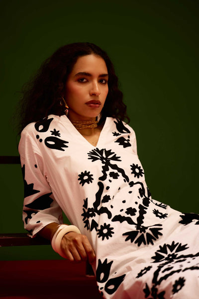 Ivory With Black Sitara Thread Embroidery Cotton Maxi Dress