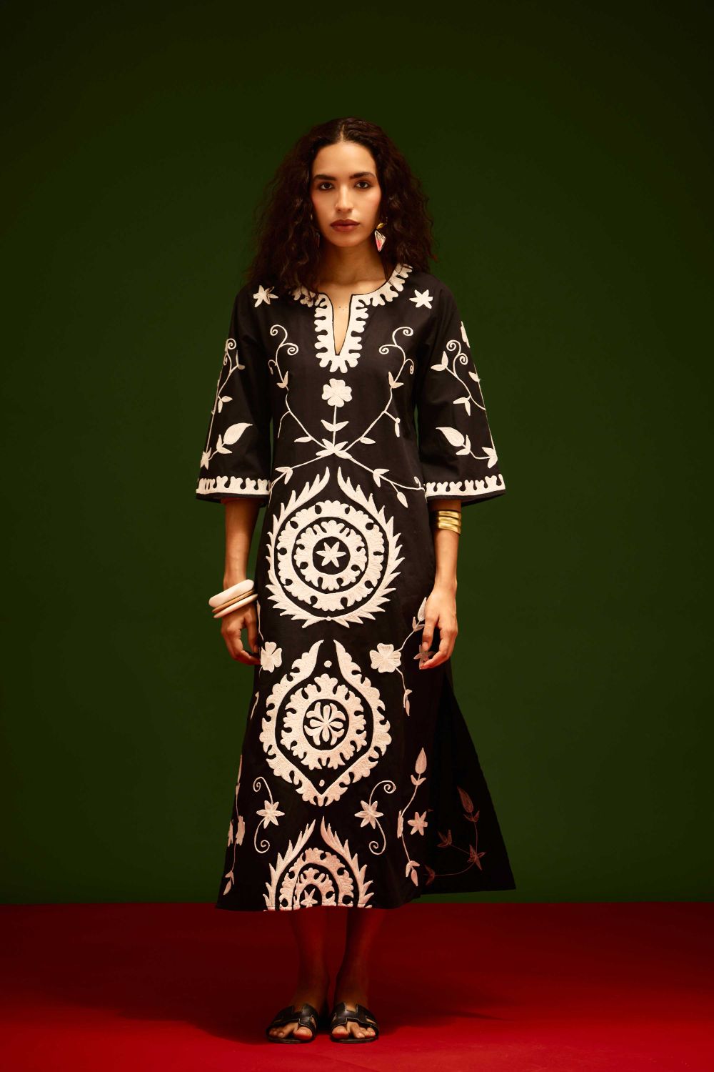 Black Cotton Maxi Dress With Ivory Wave Thread Embroidery