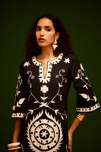 Black Cotton Maxi Dress With Ivory Wave Thread Embroidery