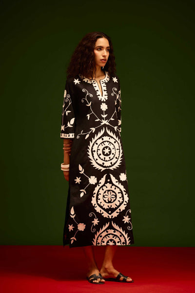 Black Cotton Maxi Dress With Ivory Wave Thread Embroidery