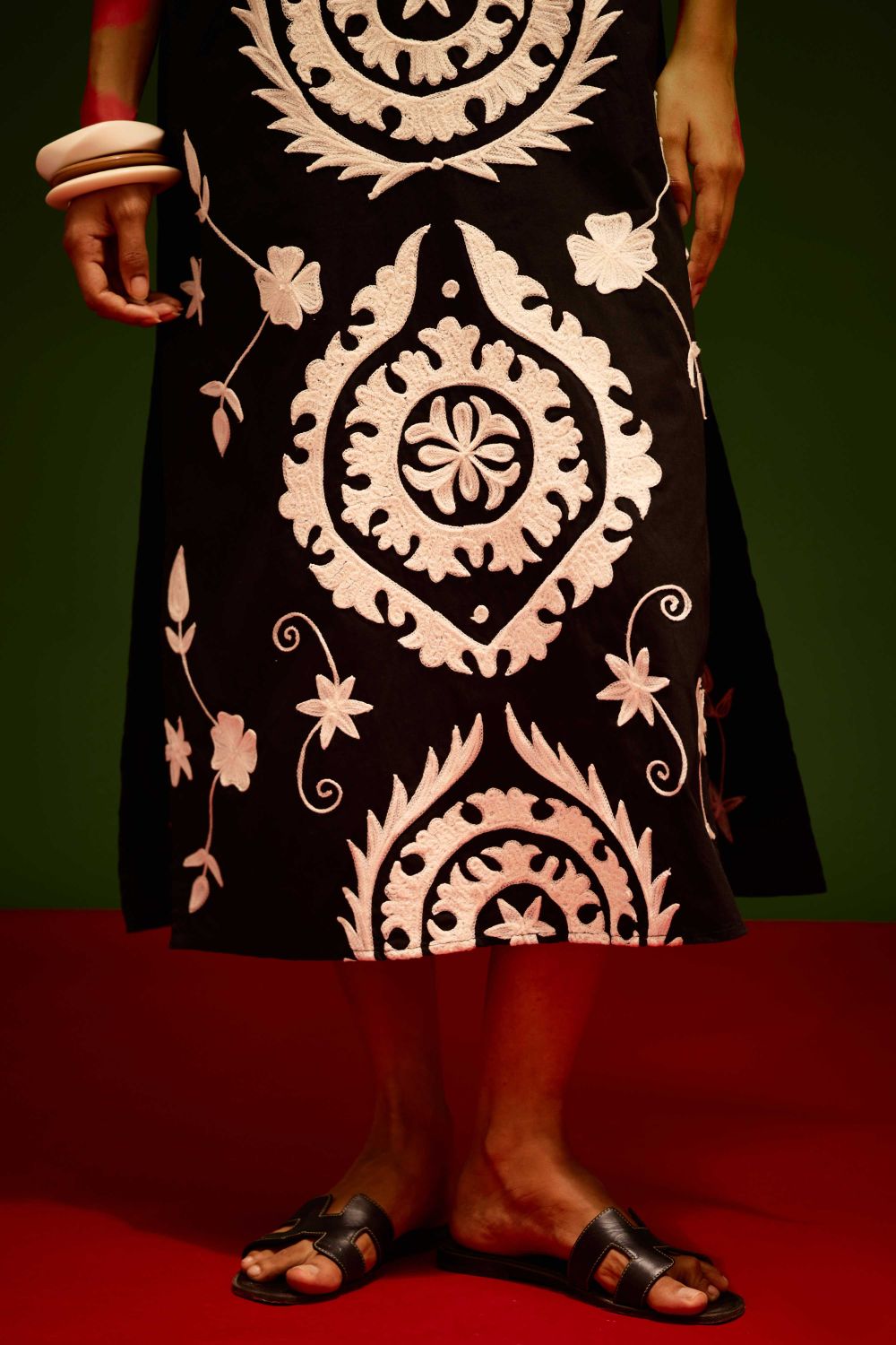 Black Cotton Maxi Dress With Ivory Wave Thread Embroidery
