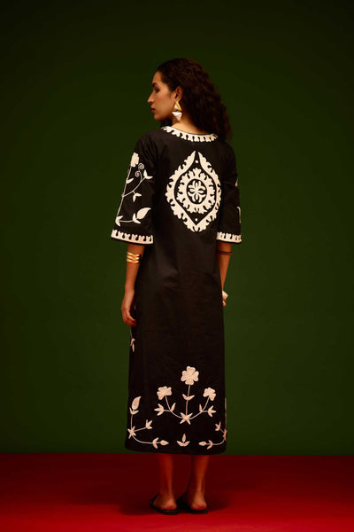 Black Cotton Maxi Dress With Ivory Wave Thread Embroidery