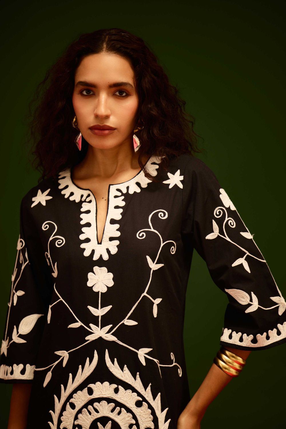Black Cotton Maxi Dress With Ivory Wave Thread Embroidery