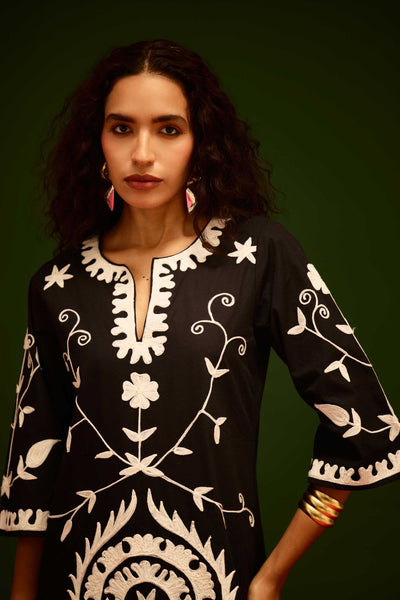 Black Cotton Maxi Dress With Ivory Wave Thread Embroidery