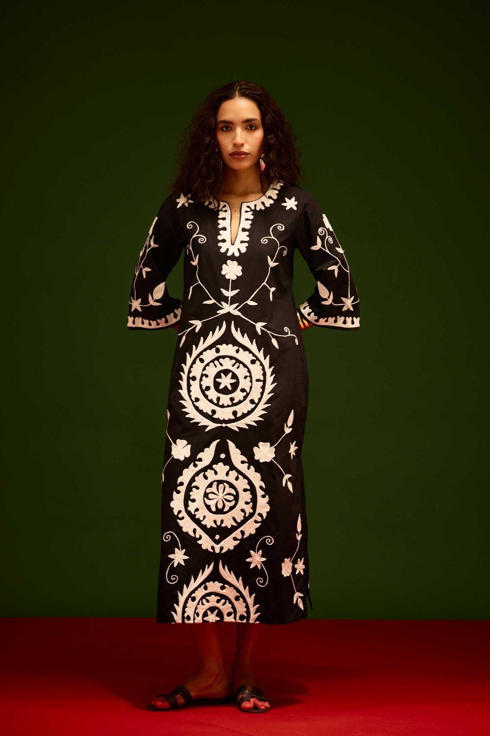 Black Cotton Maxi Dress With Ivory Wave Thread Embroidery