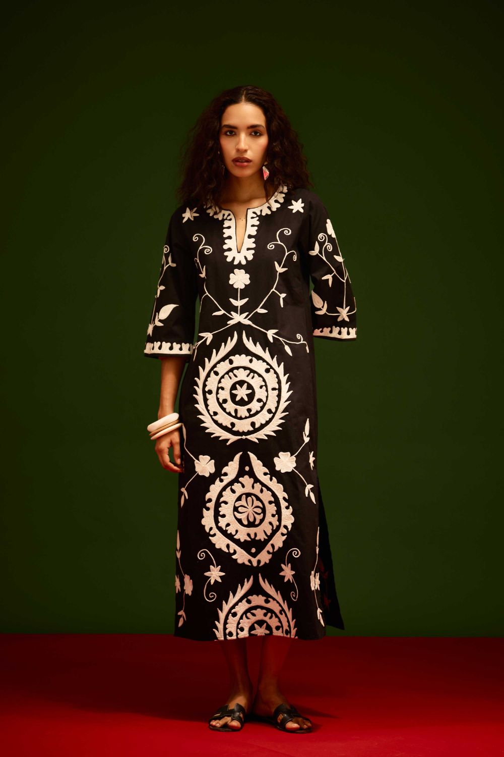 Black Cotton Maxi Dress With Ivory Wave Thread Embroidery