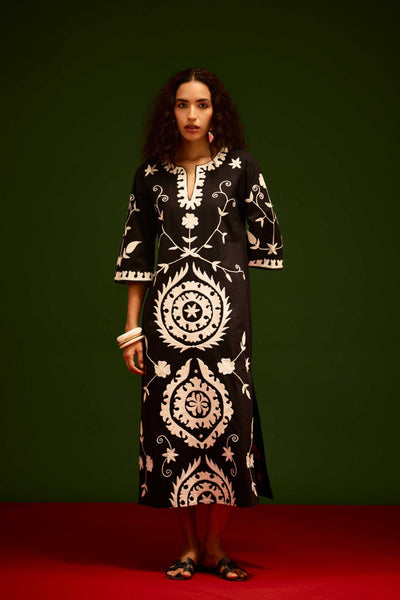 Black Cotton Maxi Dress With Ivory Wave Thread Embroidery
