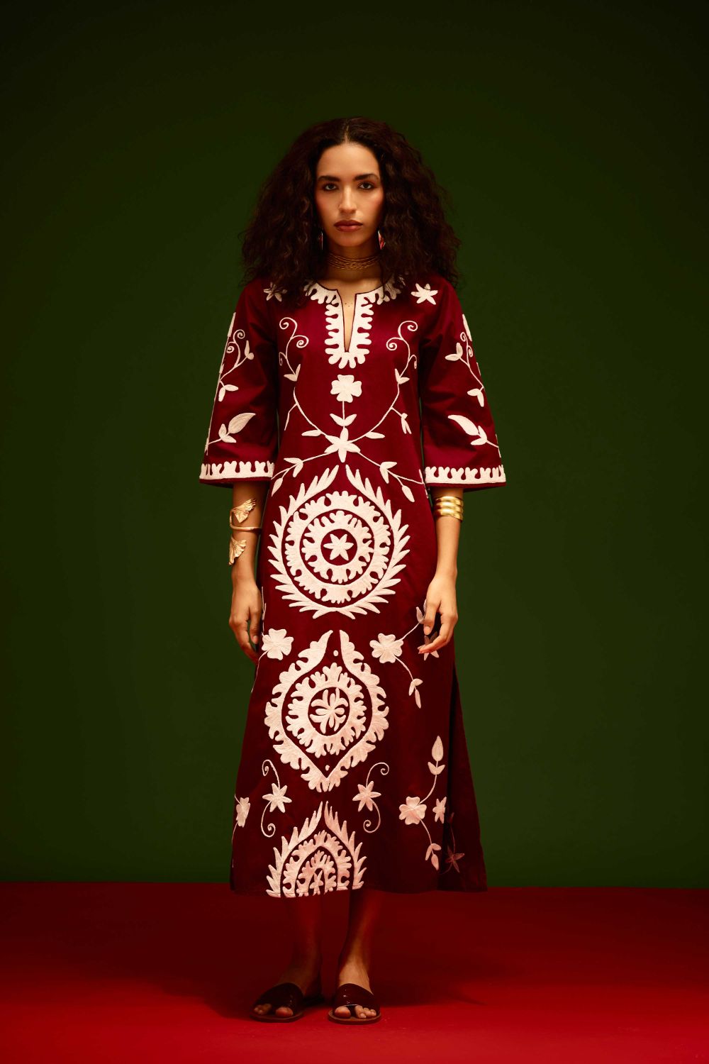 Burgundy Wine Cotton Maxi Dress With Ivory Wave Thread Embroidery